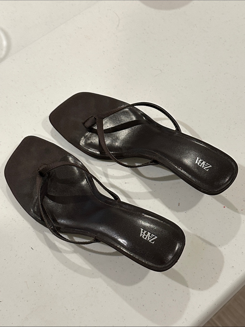 Zara dark chocolate Minimal Square-Toe Thong Sandals